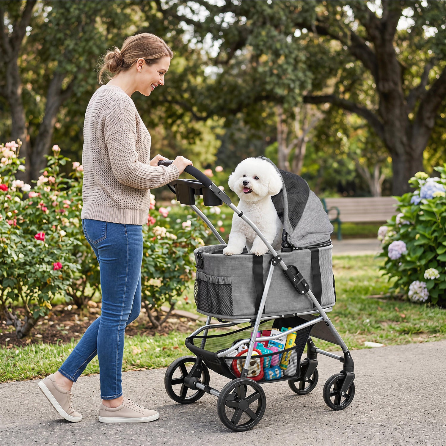Black 3-in-1 foldable pet stroller with detachable carrier for small and medium dogs, featuring a sturdy frame and comfortable design.