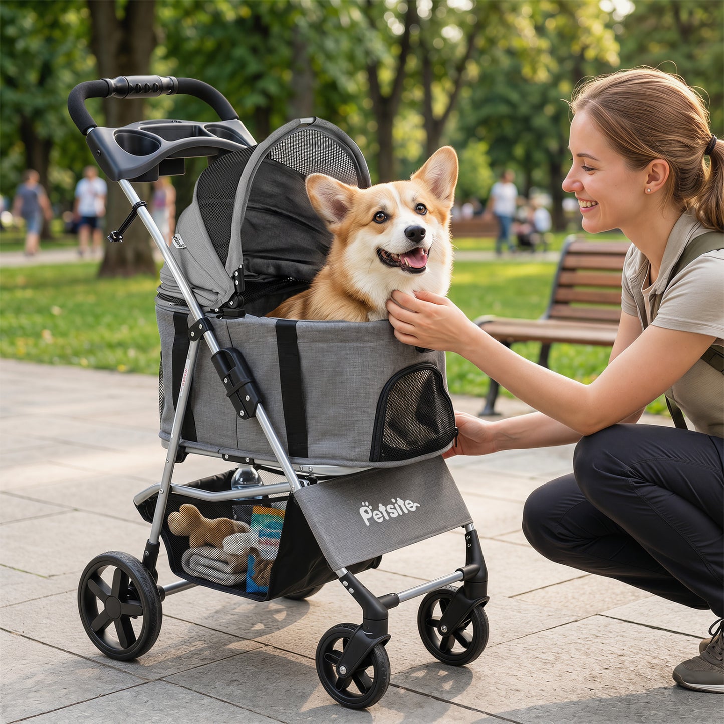Black 3-in-1 pet stroller with foldable frame and detachable carrier for small and medium dogs, designed for easy transport.