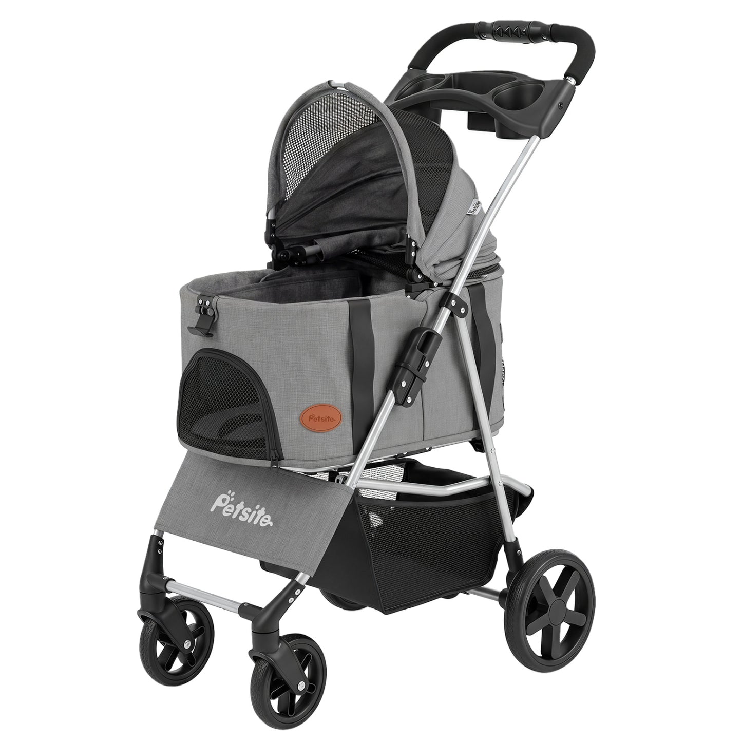 Black 3-in-1 pet stroller for small and medium dogs with foldable design and detachable carrier, perfect for convenient pet travel.
