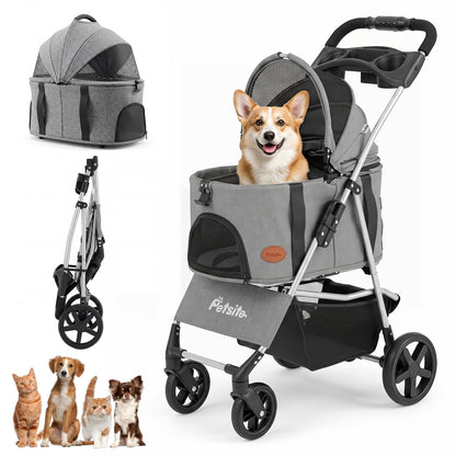 Black 3-in-1 pet stroller for small and medium dogs with foldable frame and detachable carrier, designed for convenient pet transport.