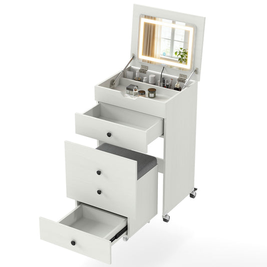 3-in-1 Small Vanity Desk Set with Flip-top Mirror and Lights with Drawers and Stool-White