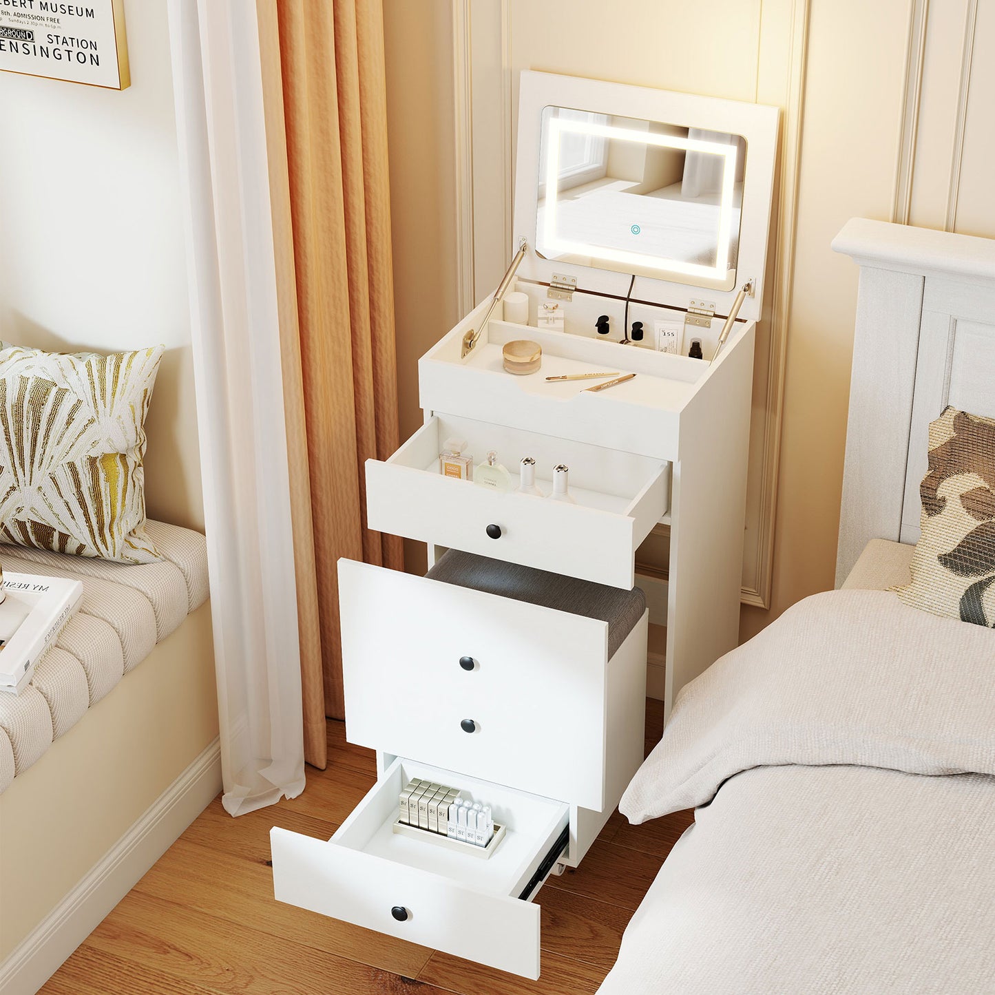 3-in-1 Small Vanity Desk Set with Flip-top Mirror and Lights with Drawers and Stool-White