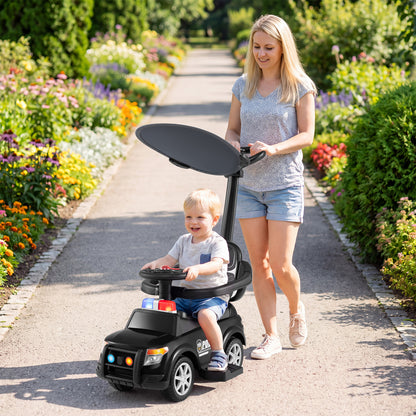 3-in-1 Toddler Push Car with Handle and Canopy Sliding Police Car with Siren-Black