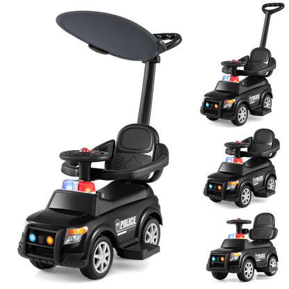 3-in-1 Toddler Push Car with Handle and Canopy Sliding Police Car with Siren-Black