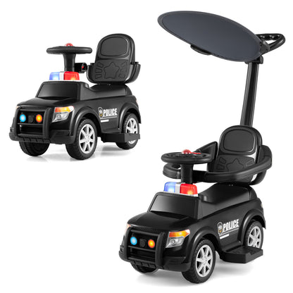 3-in-1 Toddler Push Car with Handle and Canopy Sliding Police Car with Siren-Black