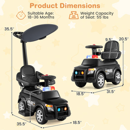3-in-1 Toddler Push Car with Handle and Canopy Sliding Police Car with Siren-Black