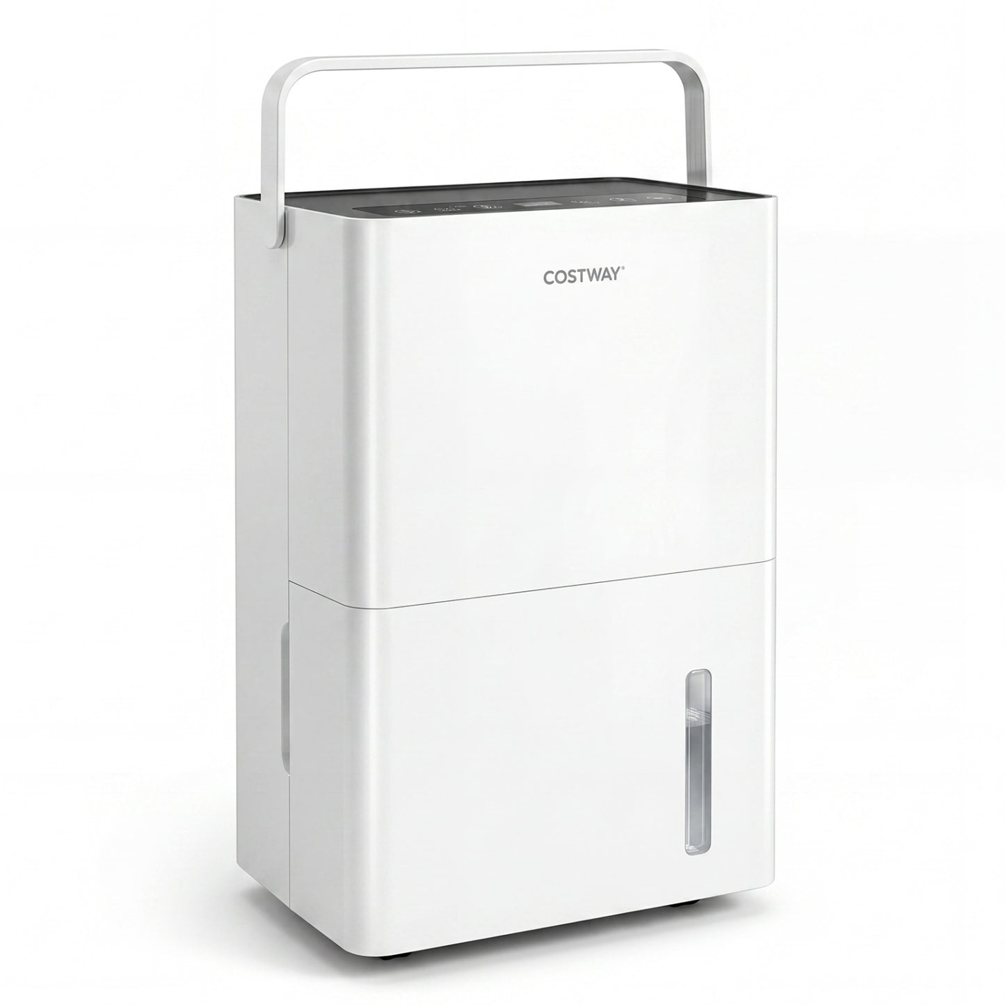 White 4000 sq ft 80 pint compressor dehumidifier with drain hose, smart humidity control, and child lock for home climate control.