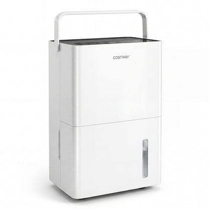 White 4000 sq ft 80 pint compressor dehumidifier with drain hose, smart humidity control, and child lock for home climate control.