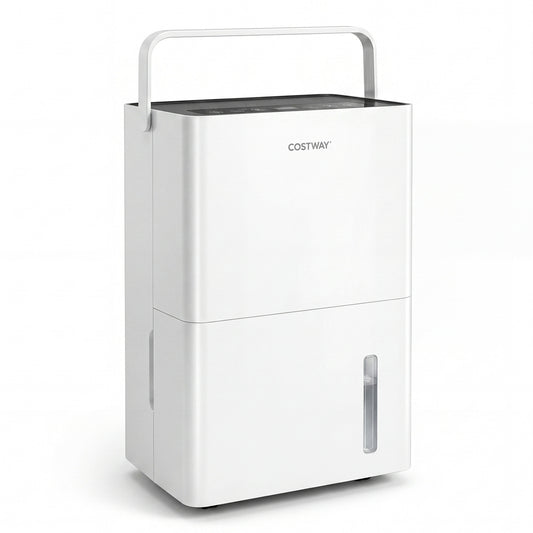 White 4000 sq ft 80 pint compressor dehumidifier with drain hose, smart humidity control, and child lock for home climate control.