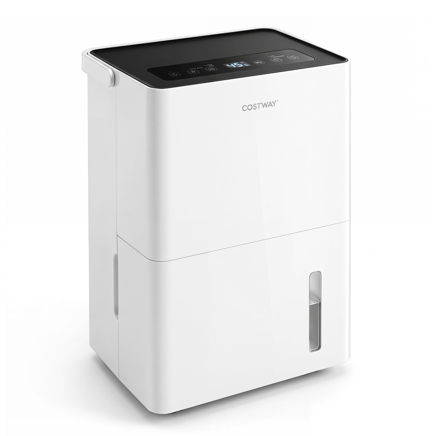 White 4000 sq ft 80 pint compressor dehumidifier with drain hose, smart humidity control, and child lock for climate management.