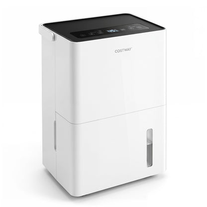 White 4000 sq ft 80 pint compressor dehumidifier with drain hose, smart humidity control, and child lock for climate management.