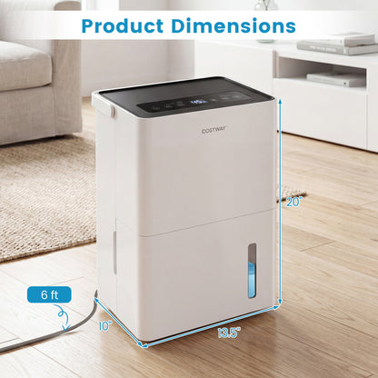 White 80 pint compressor dehumidifier with drain hose, smart humidity control, and child lock for large spaces.
