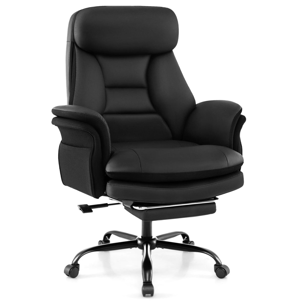 Black ergonomic big and tall office chair with faux leather upholstery, supporting up to 400 lbs, ideal for comfortable home office seating.