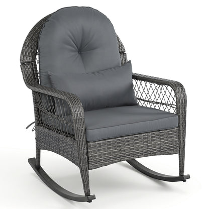 400 LBS Patio Rattan Rocker Chair with Anti-Tip Stoppers and Thick Cushions for Porch-Gray