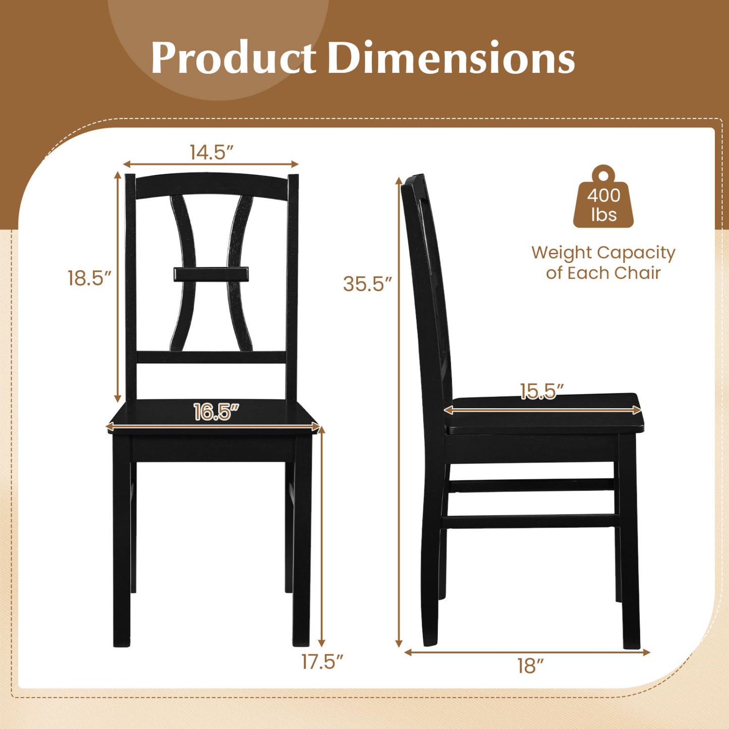 400 lbs Capacity Dining Chair Set of 2 with Cross Backrest and Rubber Wood Frame-Black