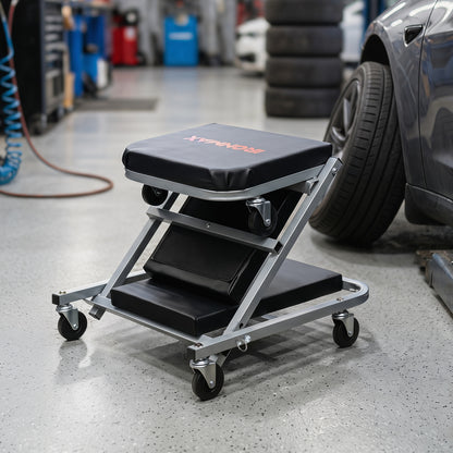 Black 40-inch 2-in-1 mechanic creeper and Z-seat with six swivel casters, designed for outdoor garage and storage use.