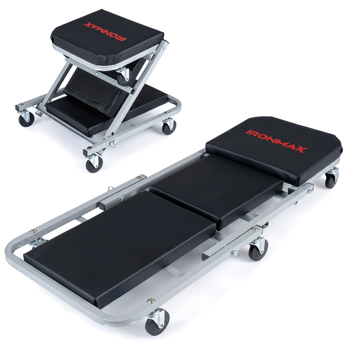 Black 40-inch 2-in-1 mechanic creeper and Z-seat with six swivel casters, ideal for garage and outdoor storage tasks.