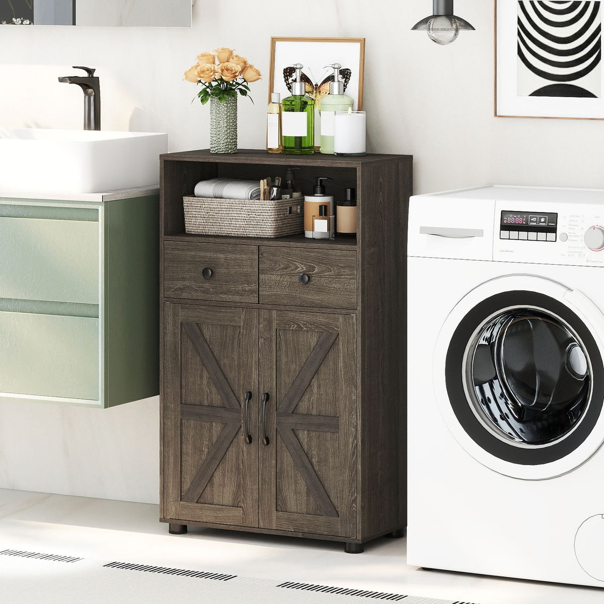 40-inch oak bathroom storage cabinet with drawers and removable shelf, ideal for bathroom floor organization and storage.
