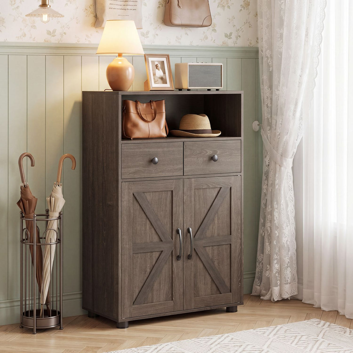 Oak 40-inch bathroom storage cabinet with drawers and removable shelf, designed for floor placement in bathrooms.