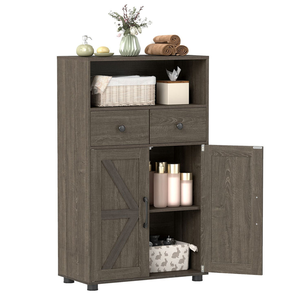 40-inch oak bathroom storage cabinet with drawers and removable shelf, ideal for floor organization and bathroom decor.