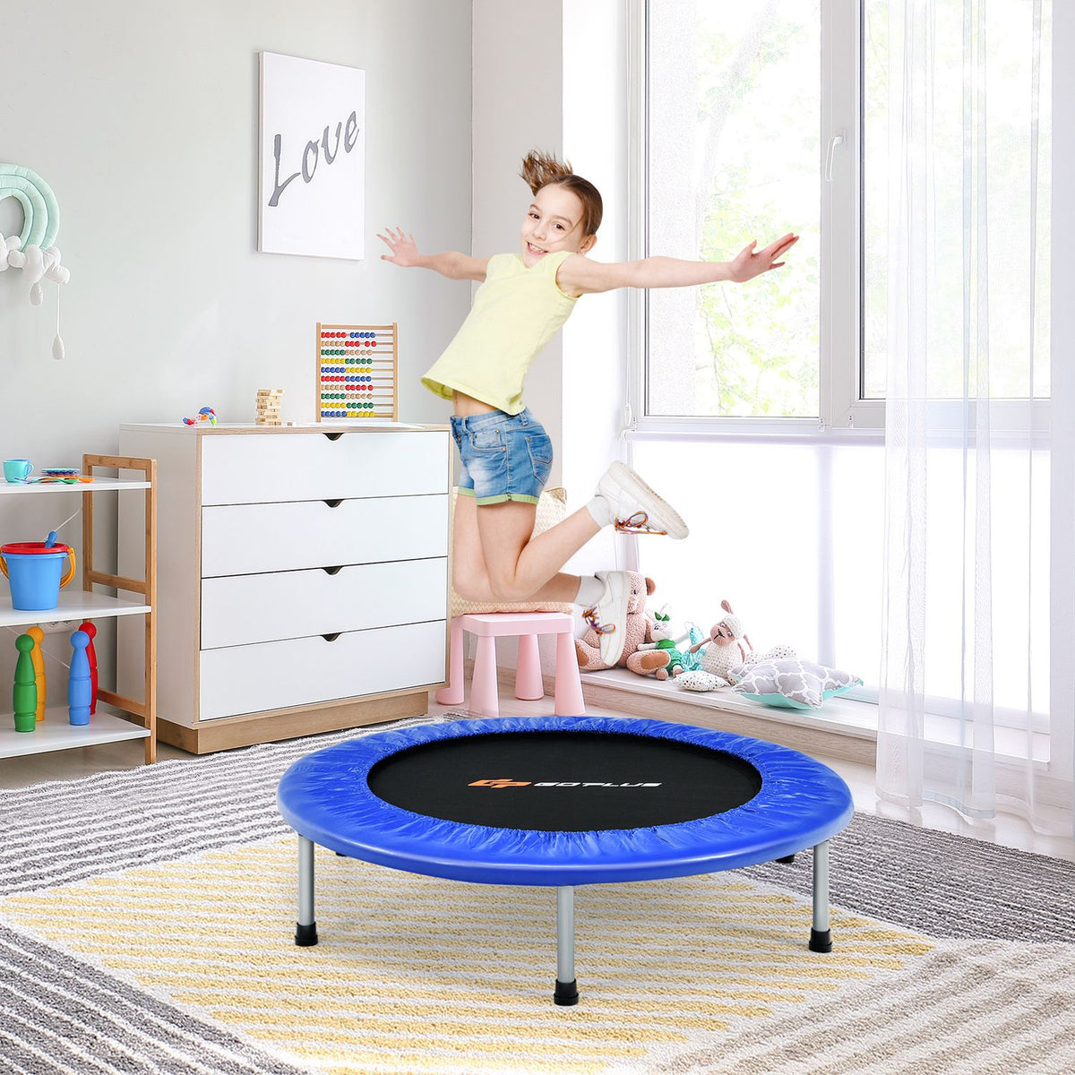 Blue 40-inch foldable fitness trampoline with safety pad for adults and kids, suitable for outdoor play and exercise.