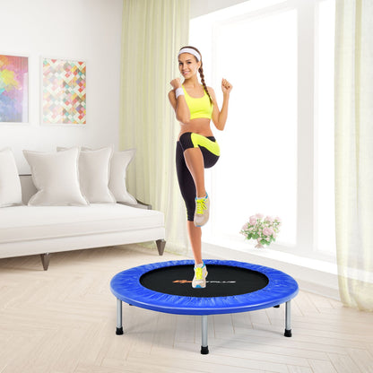 Blue 40-inch foldable fitness trampoline with safety pad, suitable for adults and kids, designed for outdoor play and exercise.