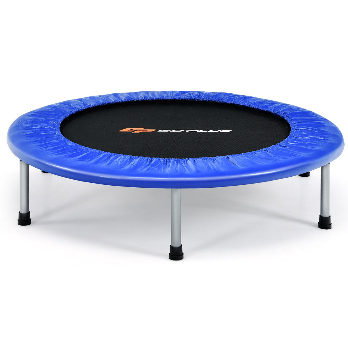 Blue 40-inch foldable fitness trampoline with safety pad for kids and adults, suitable for outdoor play and exercise.