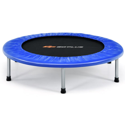 Blue 40-inch foldable fitness trampoline with safety pad for kids and adults, suitable for outdoor play and exercise.