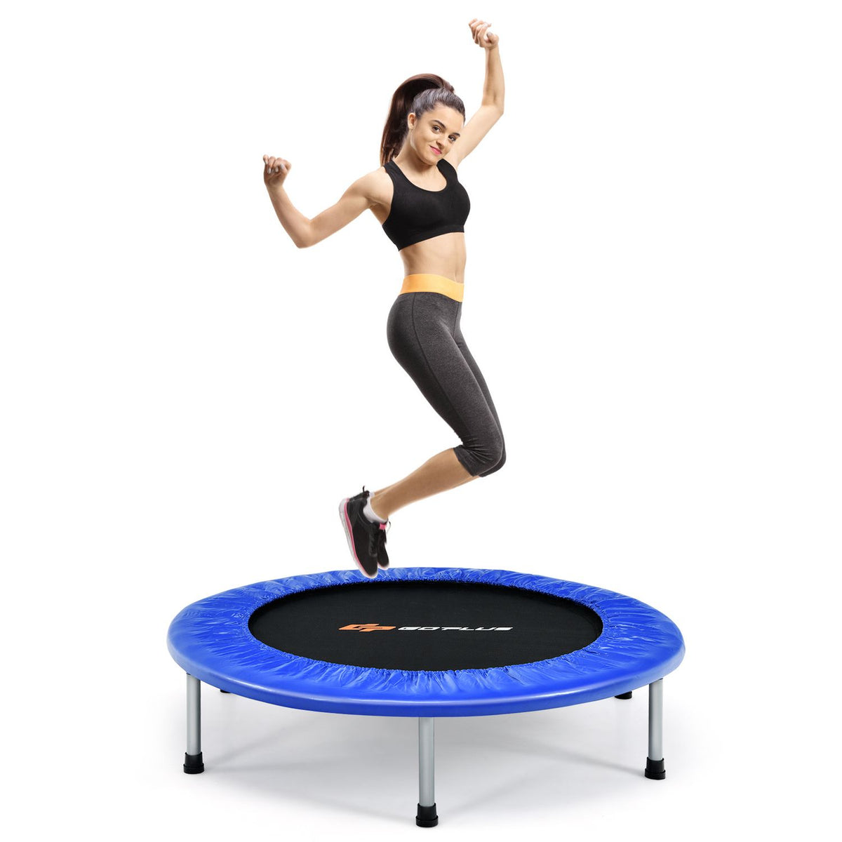 Blue 40-inch foldable fitness trampoline with safety pad for adults and kids, ideal for outdoor exercise and play.