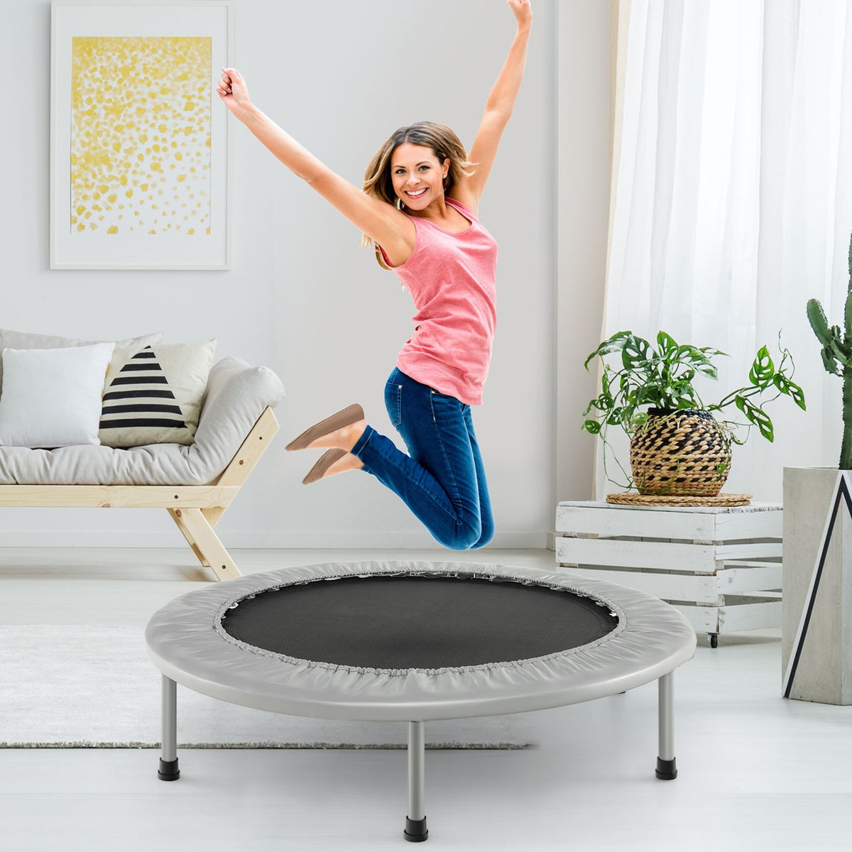 Blue 40-inch foldable fitness trampoline with safety pad, suitable for adults and kids, designed for outdoor play and exercise.