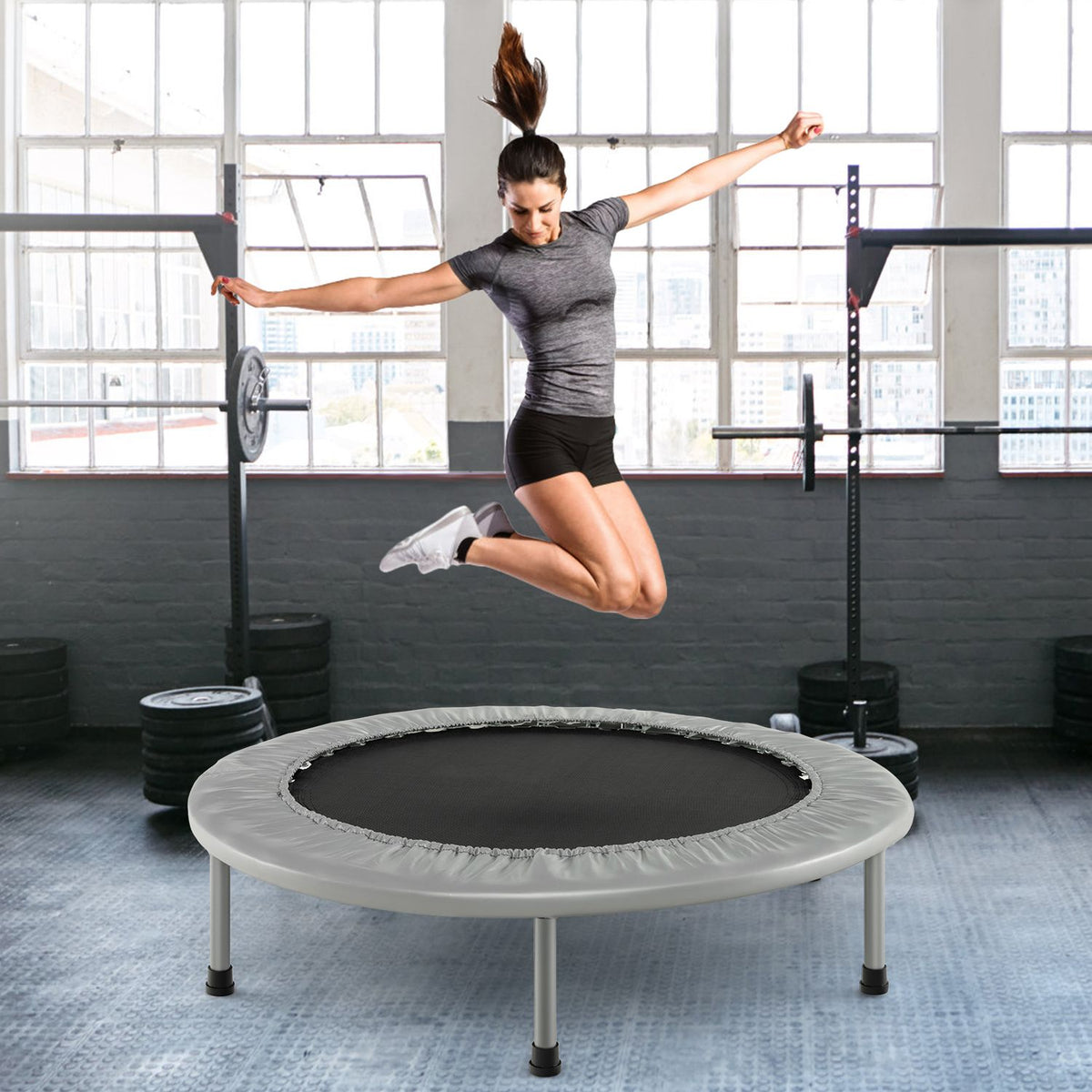 Blue 40-inch foldable fitness trampoline with safety pad for kids and adults, suitable for outdoor play and exercise.