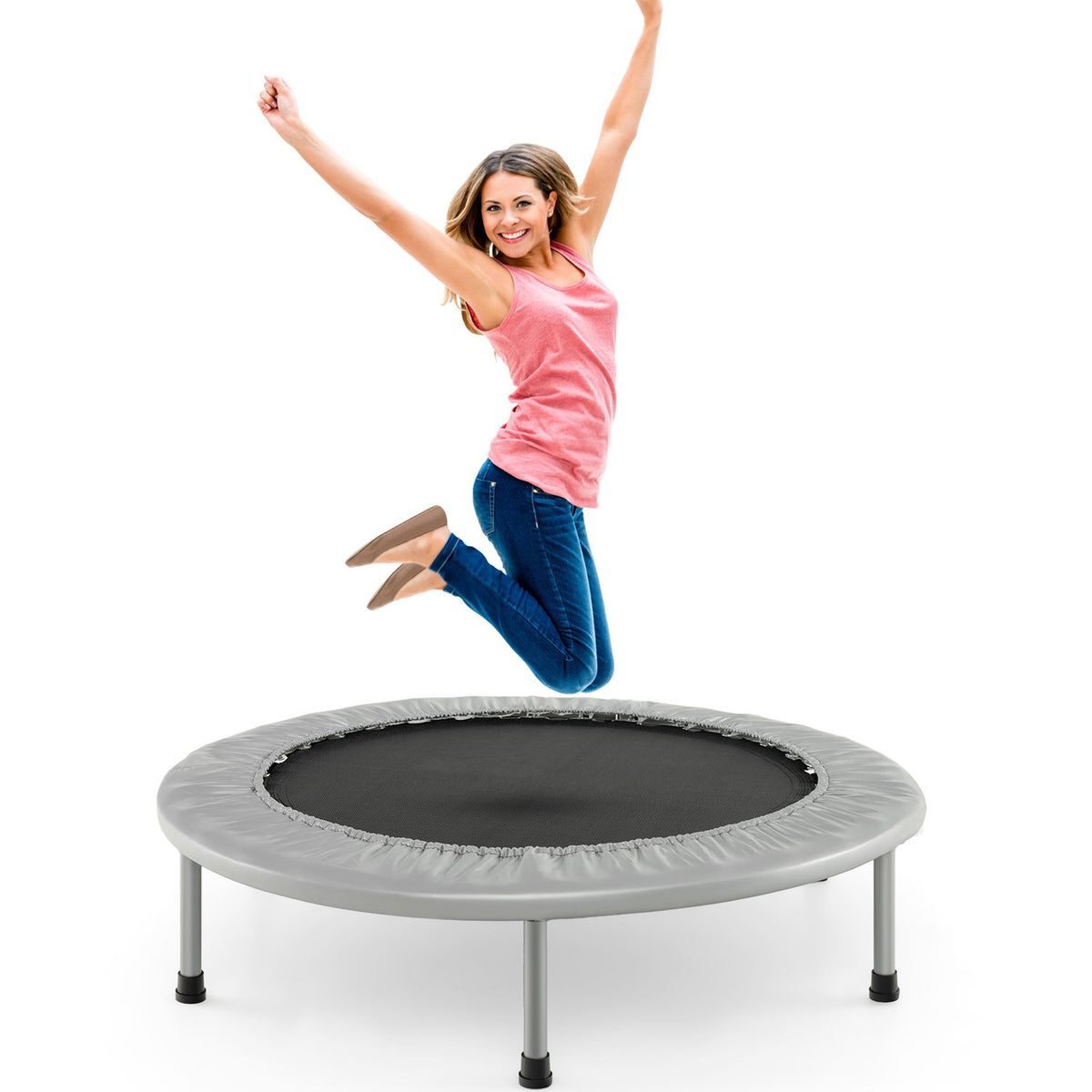 Blue 40-inch foldable fitness trampoline with safety pad, suitable for adults and kids, designed for outdoor play and exercise.