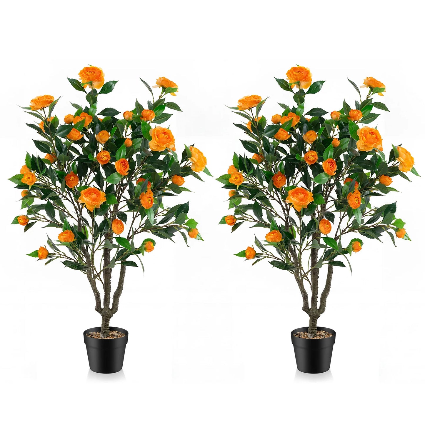 40 Inch Artificial Camellia Tree with 37 Flowers and River Stones in Pot-2 Pack