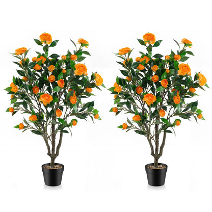 40 Inch Artificial Camellia Tree with 37 Flowers and River Stones in Pot-2 Pack