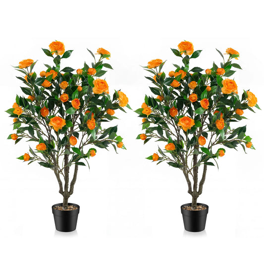 40 Inch Artificial Camellia Tree with 37 Flowers and River Stones in Pot-2 Pack