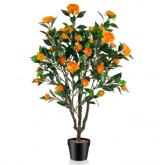 40-inch artificial Camellia tree with 37 flowers in a decorative pot, includes river stones for home decor.