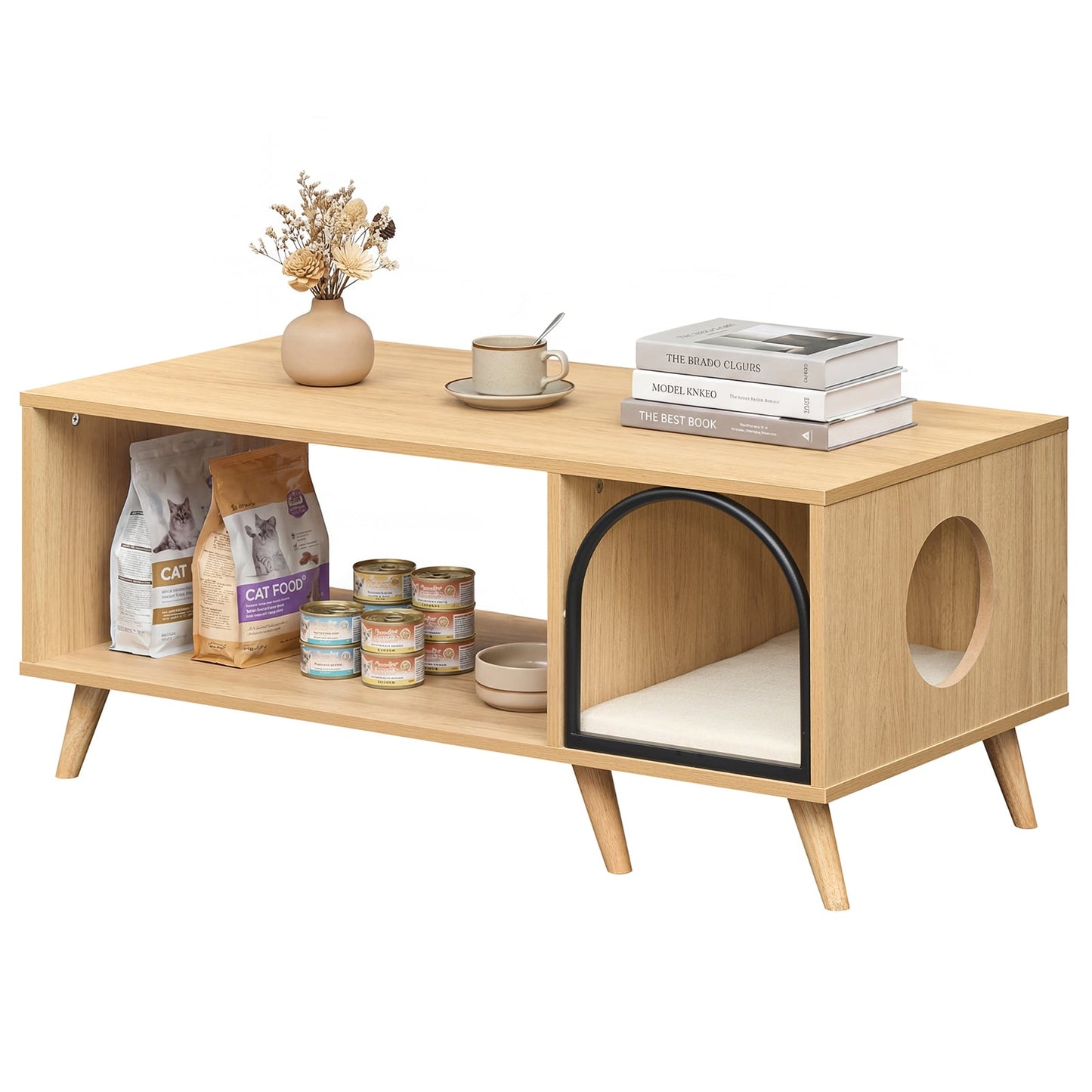 40 Inch Coffee Table Cat House 2-in-1 Wooden Kitten Furniture with Open Storage Shelf-Natural