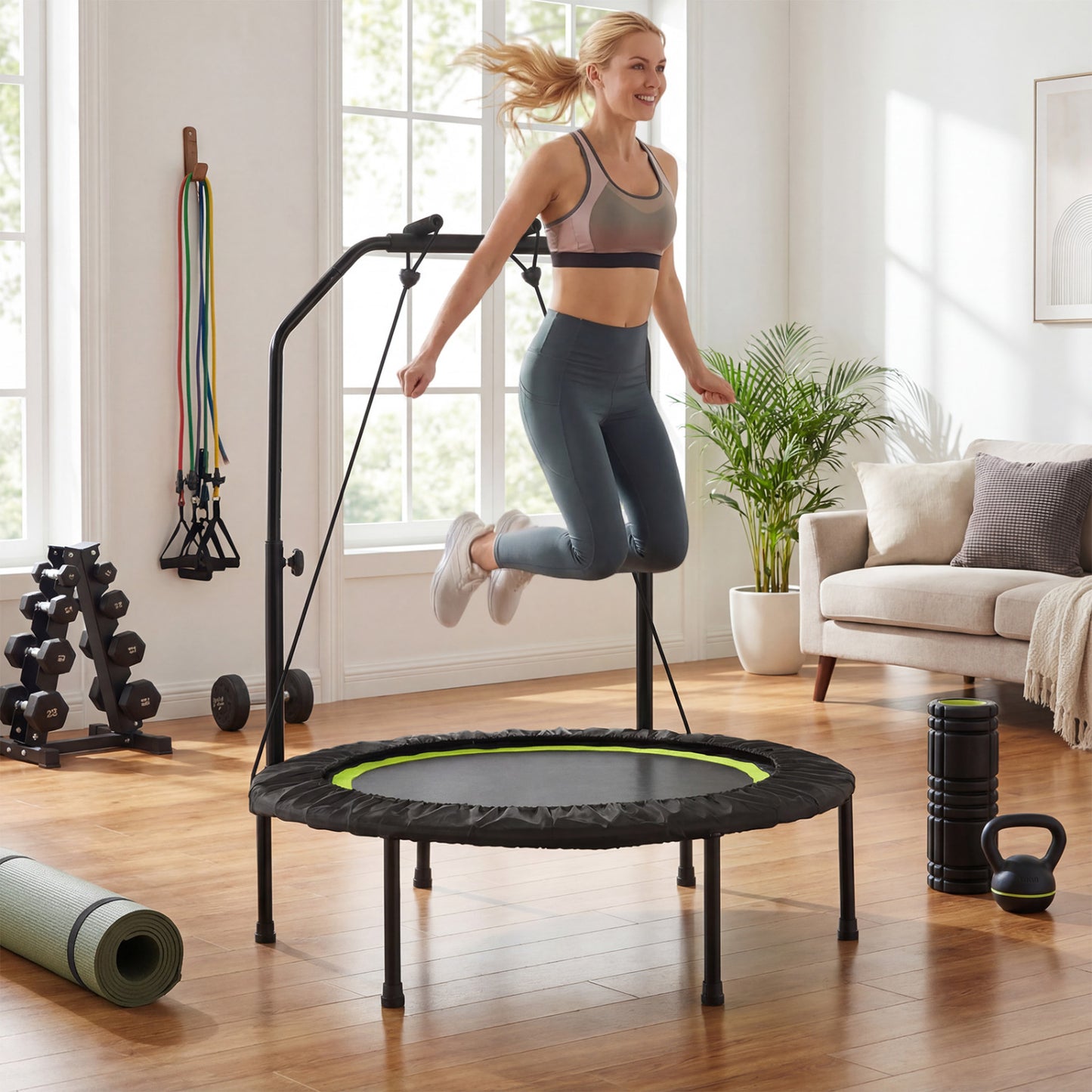 40 Inch Fitness Trampoline for Adults with 2 Resistance Bands-Green