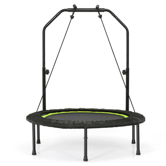 Green 40-inch fitness trampoline for adults with two resistance bands, ideal for indoor exercise and outdoor fitness routines.