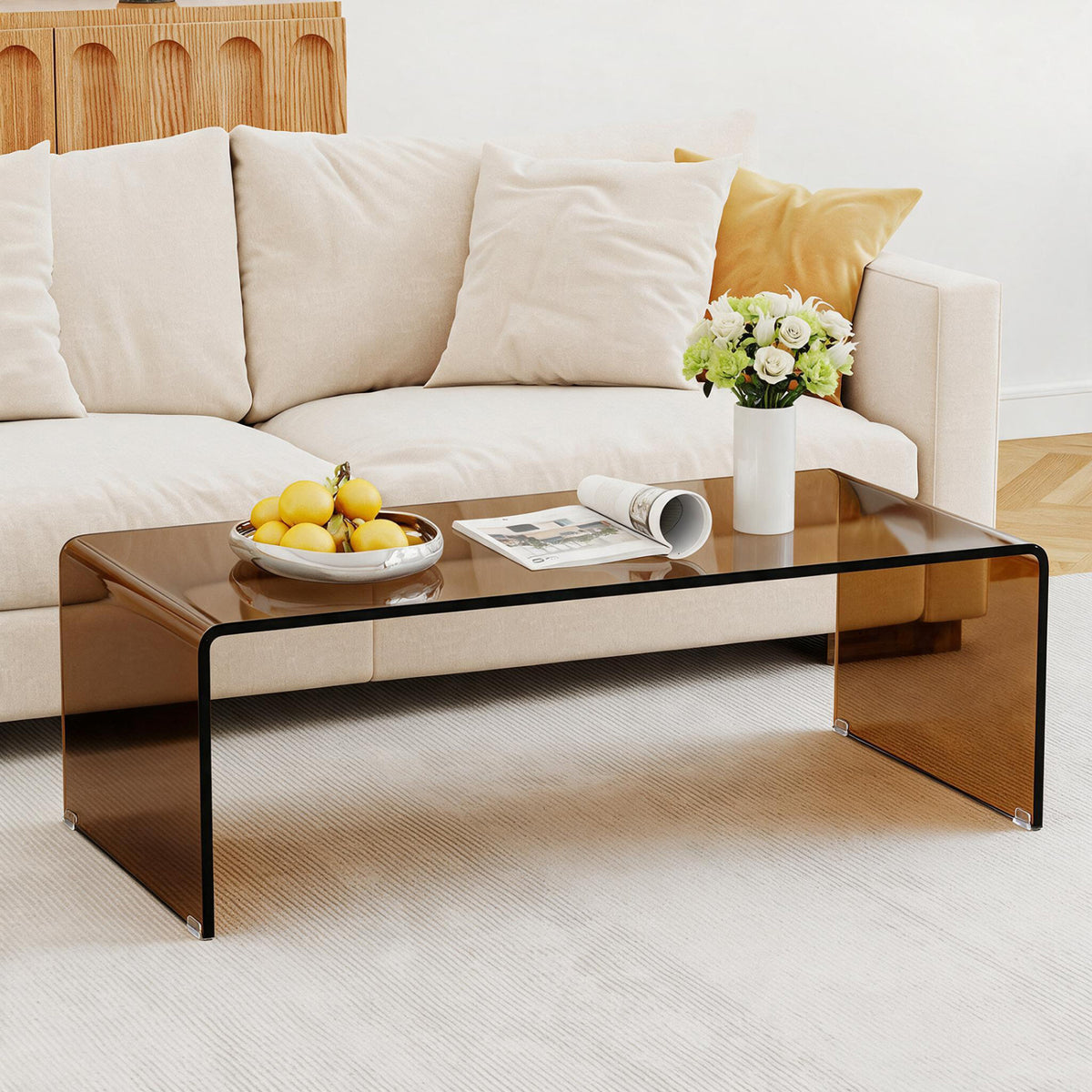 40 Inch Glass Coffee Table with Tempered Glass Top and Round Edges for Home-Dark Brown