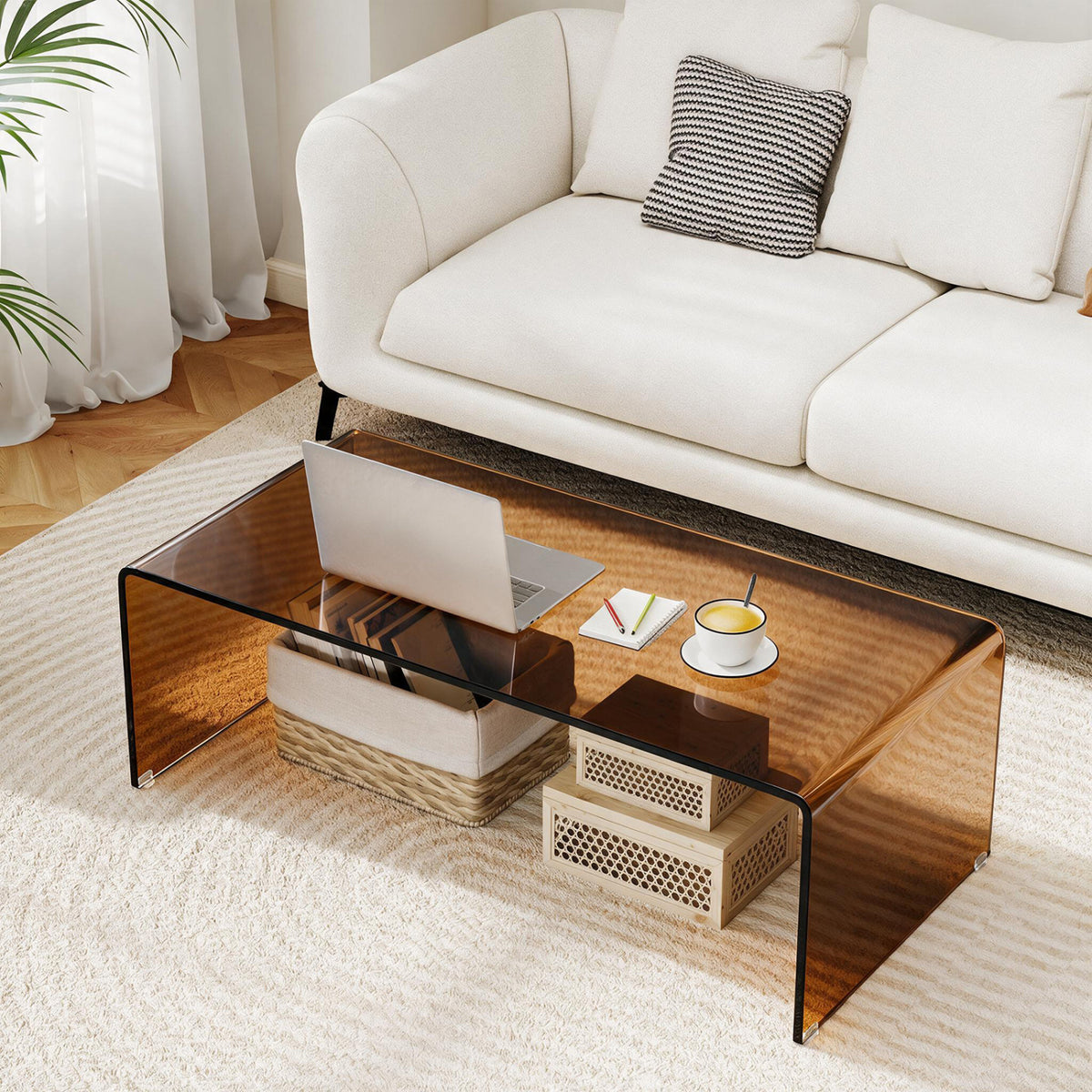 40 Inch Glass Coffee Table with Tempered Glass Top and Round Edges for Home-Dark Brown