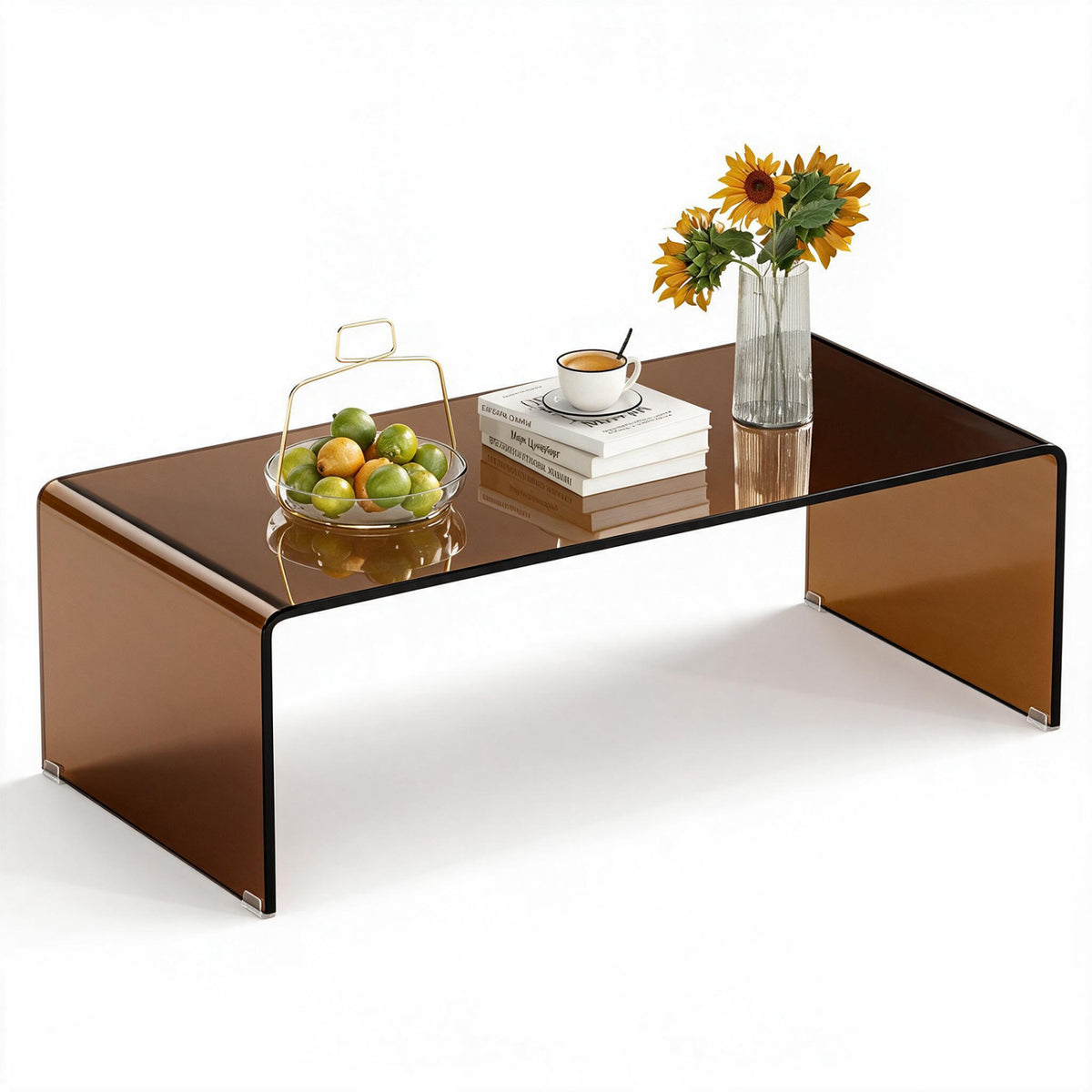 40 Inch Glass Coffee Table with Tempered Glass Top and Round Edges for Home-Dark Brown