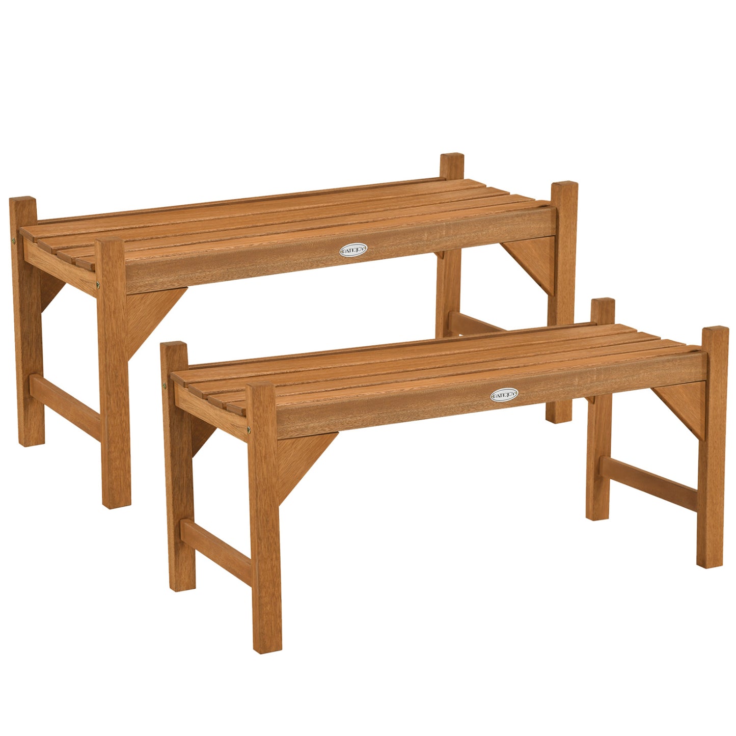 Set of two 40-inch outdoor benches with slatted contoured seats, perfect for decks and entryways, by Wilsons Home Store.
