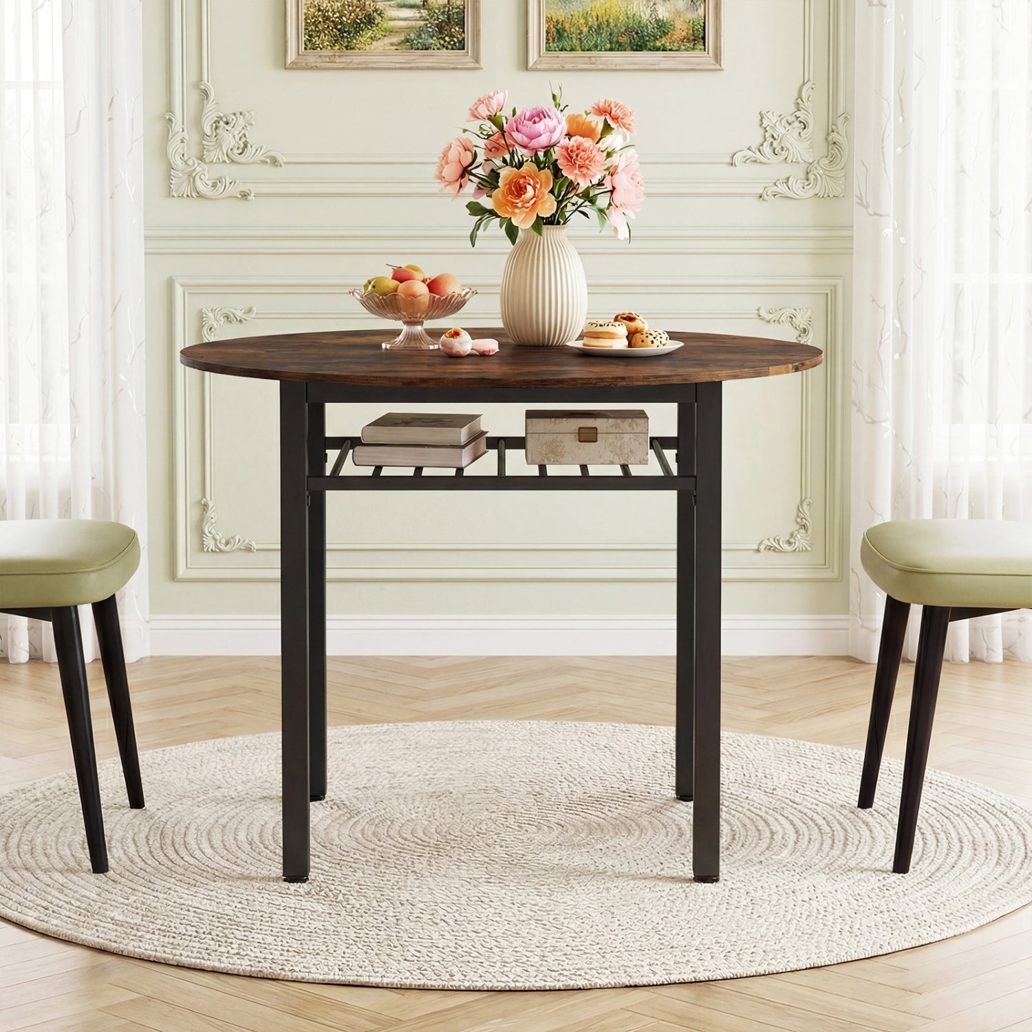 Gray 40-inch round kitchen table with storage shelf and metal frame, seats four people, ideal for dining or kitchen space.