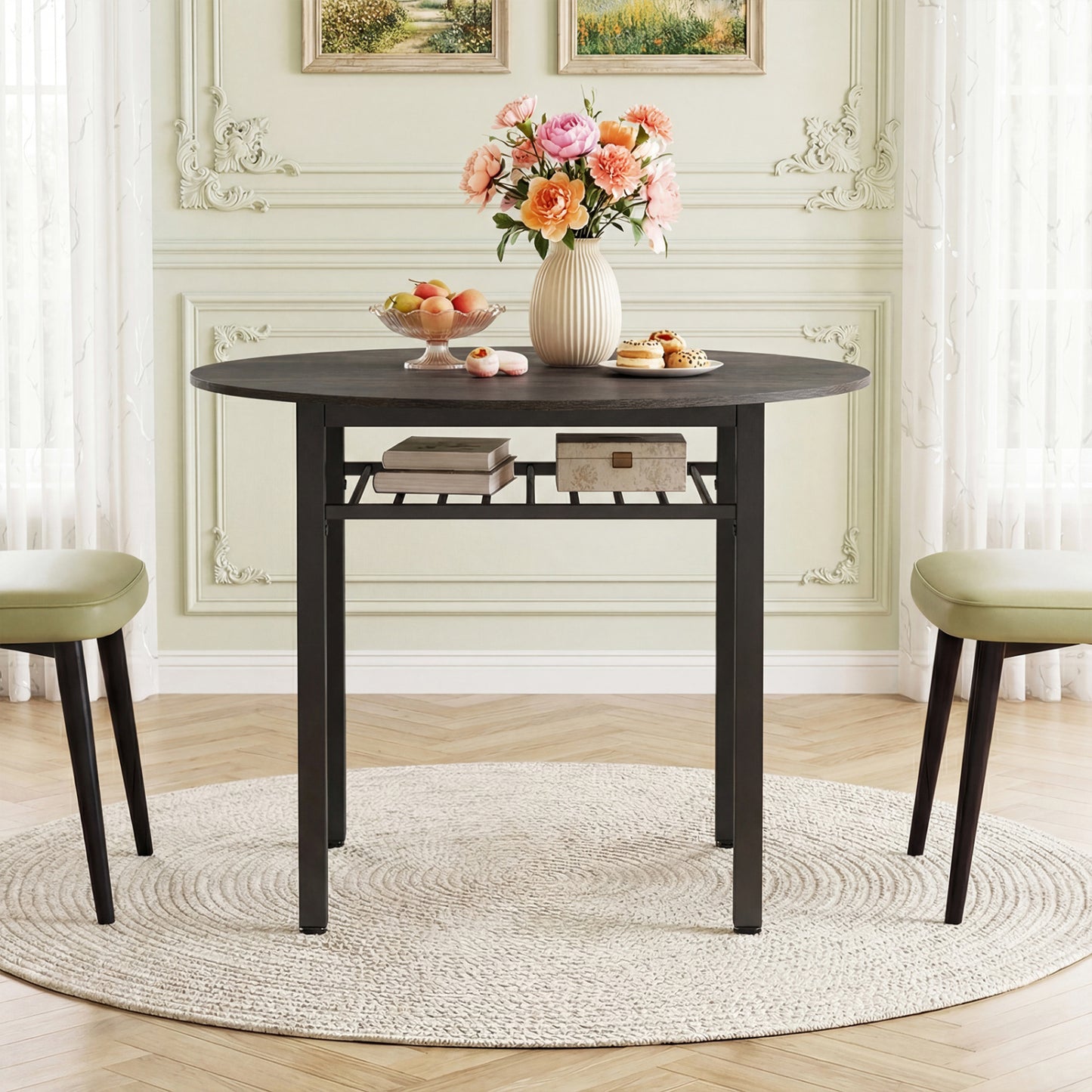 Gray 40-inch round kitchen table with storage shelf and metal frame, suitable for 4 people, by Wilsons Home Store