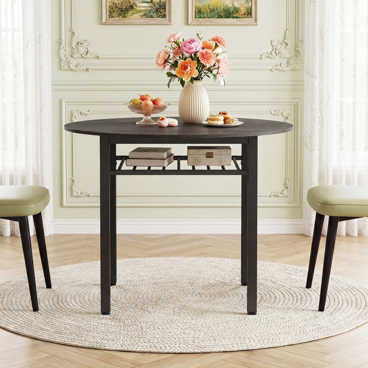 Gray 40-inch round kitchen table with storage shelf and metal frame, suitable for 4 people, by Wilsons Home Store