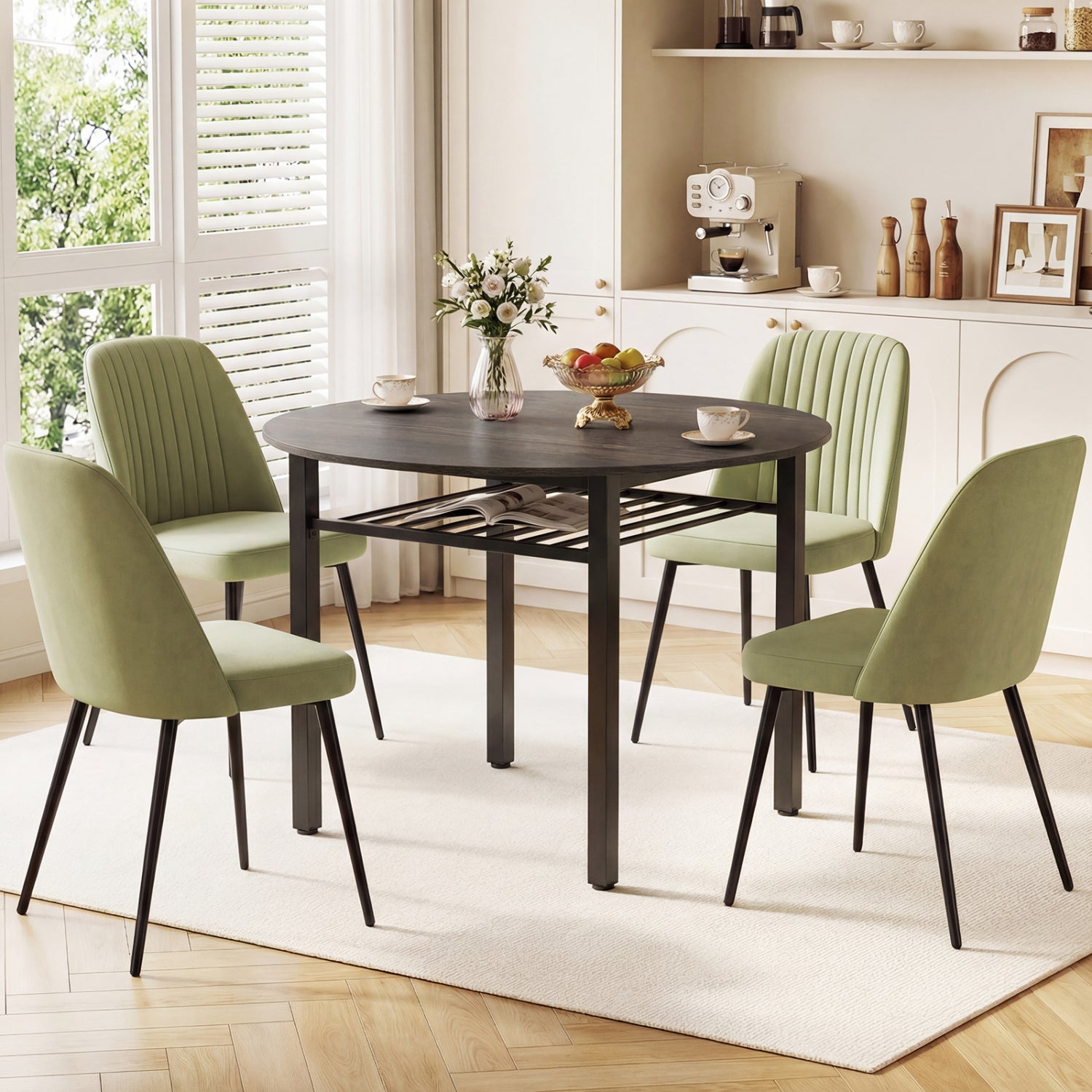 Gray 40-inch round kitchen table with storage shelf and metal frame, suitable for four people, by Wilsons Home Store.