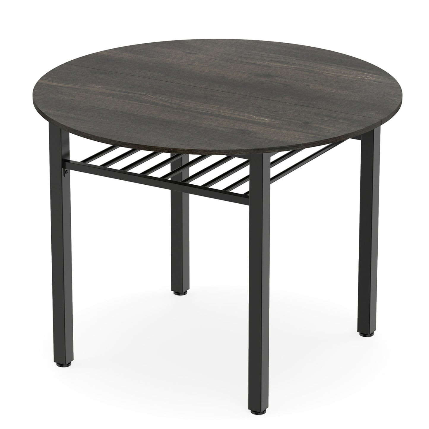 Gray 40-inch round kitchen table with storage shelf and metal frame, designed for four people, by Wilsons Home Store.