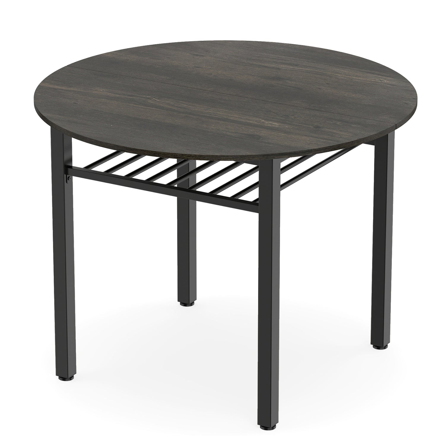Gray 40-inch round kitchen table with storage shelf and metal frame, designed for four people, by Wilsons Home Store.
