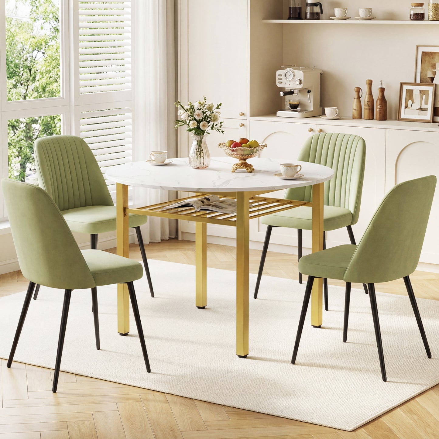 Gray 40-inch round kitchen table with storage shelf and metal frame, seats four people, perfect for dining and compact kitchens.